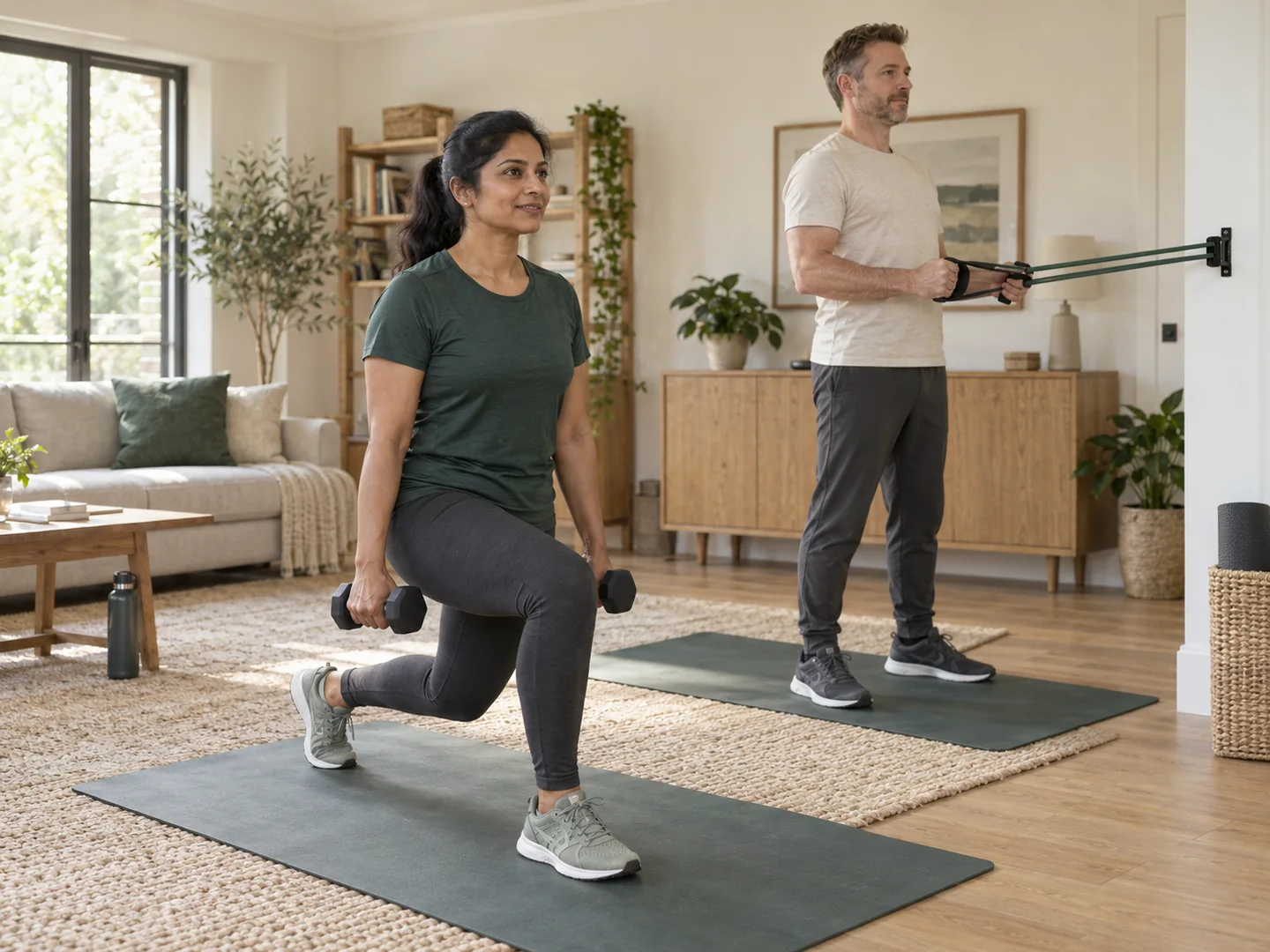 Illustrative scene of a woman and man training together at home.