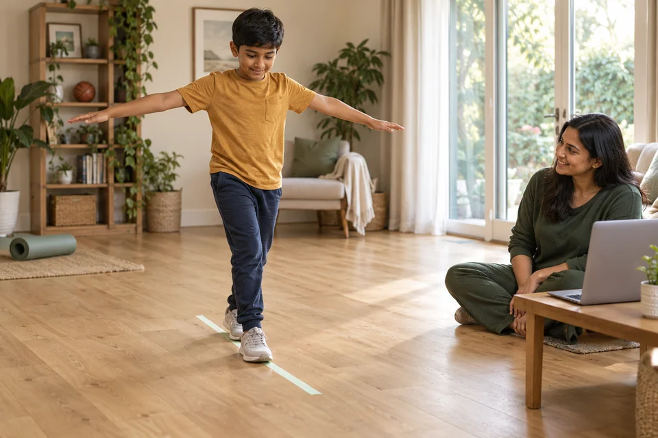 Illustration of a young person practising movement at home.