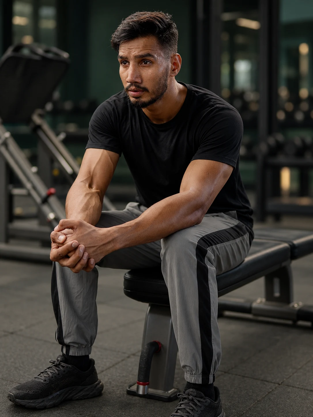 Maddy seated in his gym, ready for a coaching conversation.